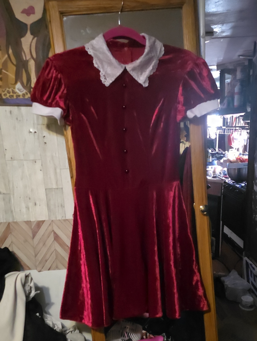 Red Velvet Dress with Lace Peter Pan Collar